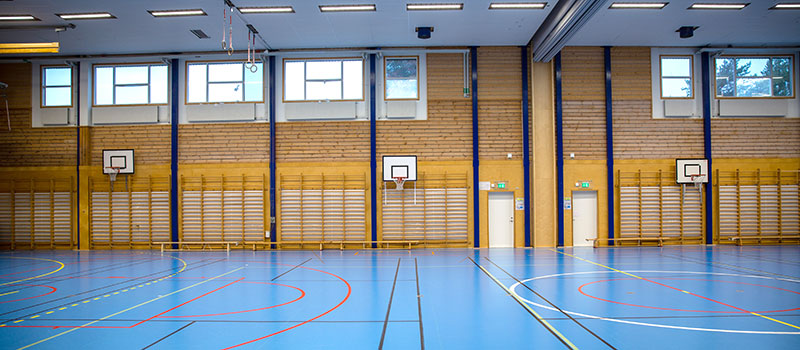 Sporthall med blått golv, fönster, ribbstolar, basketkorgar och romerska ringar.